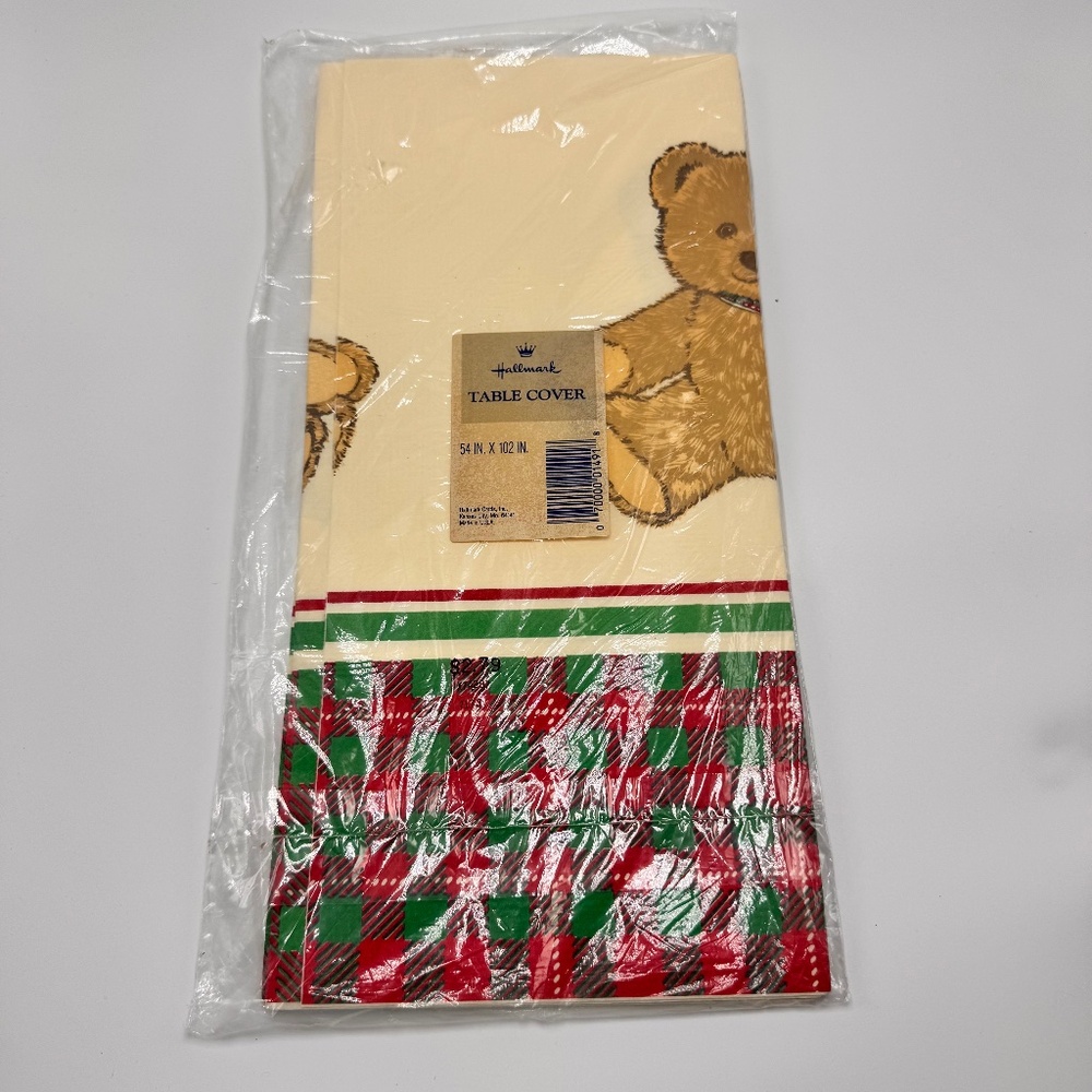 Vintage NOS Hallmark Paper Table Cover Bear Christmas Red Green Plaid 54x102"
